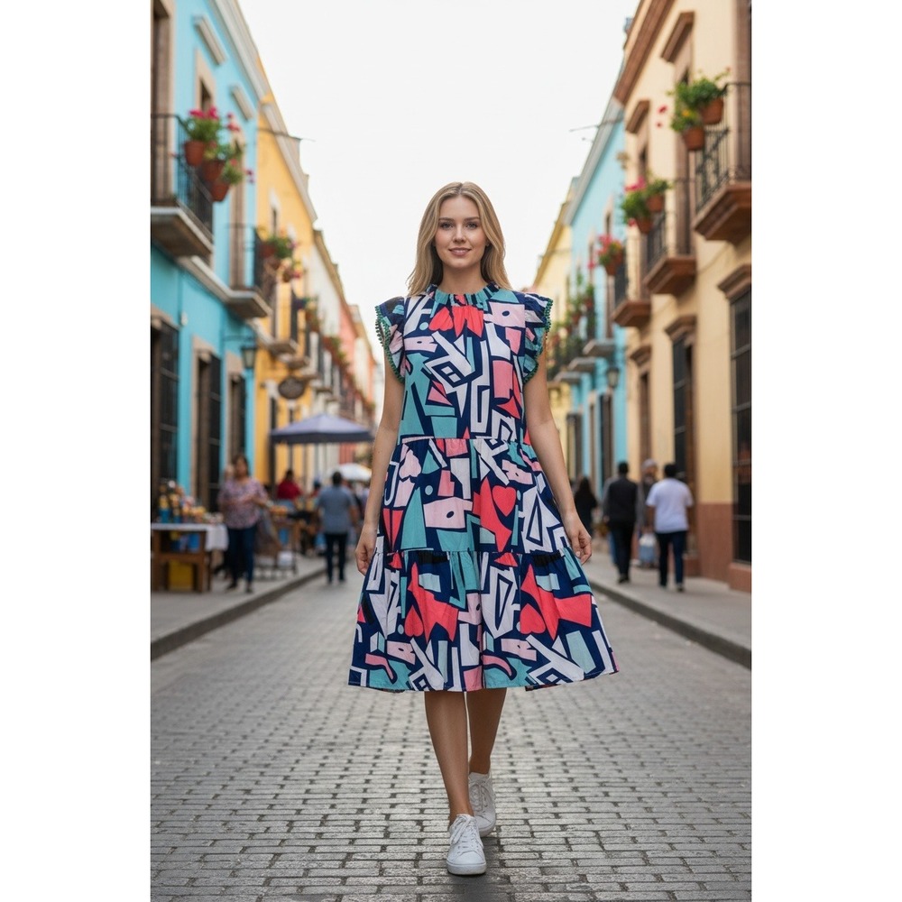 THML Geometric Abstract Heart Print Dress Womens Large Multicolor Pom Pom Tiered